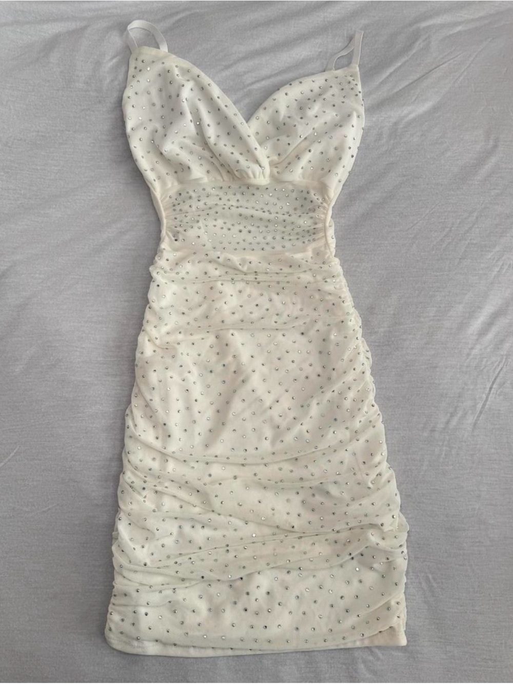 Ivory Ruched Slip Dress with Crystal Embellishment